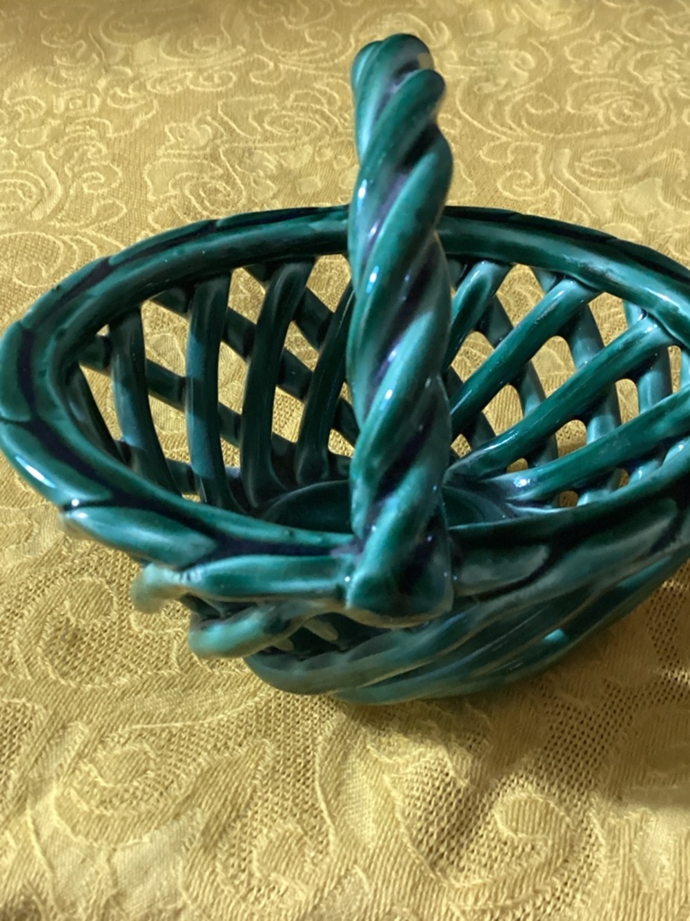 Green Glazed Ceramic Open Weave Lattice Basket